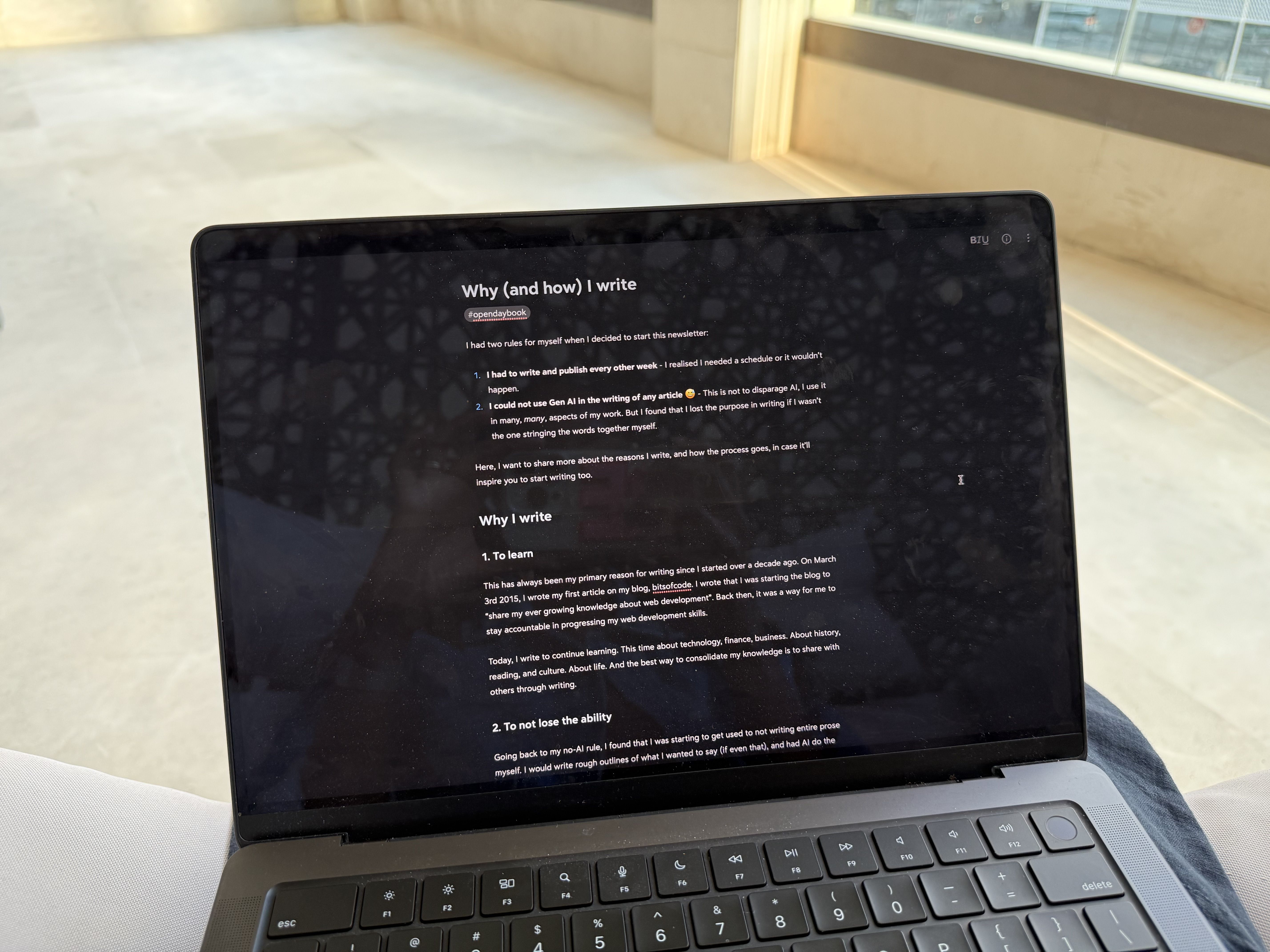 My laptop screen with this article open in Bear markdown text editor